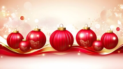 Poster - Festive Red Christmas Ornaments on a Soft Golden Background with Sparkles and Red Ribbon, Perfect for Holiday Celebrations and Seasonal Decorations