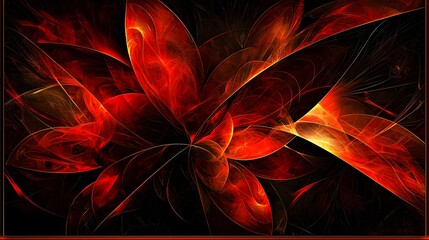 Poster - Abstract floral design with fiery red and orange hues, showcasing intricate swirling patterns and dynamic textures against a contrasting black background, perfect for artistic projects.
