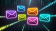 © MSTMOMOTAJ - The virtual email interface,A glowing blue mail icon surrounded by streams of digital data
