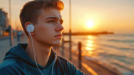 Aufkleber - A person gazing at the sunset while wearing earphones, possibly lost in thought
