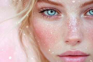 Poster - A close-up portrait of a woman with bright blue eyes