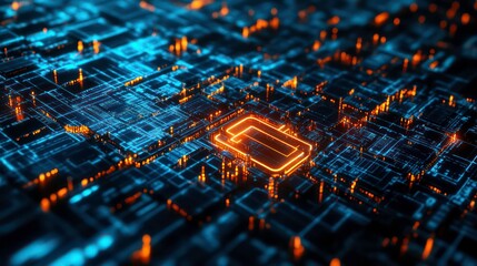 Poster - An abstract glowing circuit board with a square in the center, representing the concept of data processing, technology, and innovation.