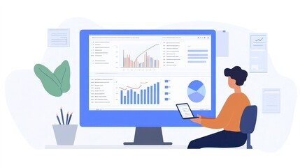 Poster - A person sitting at a desk looking at a large computer screen with charts and graphs.