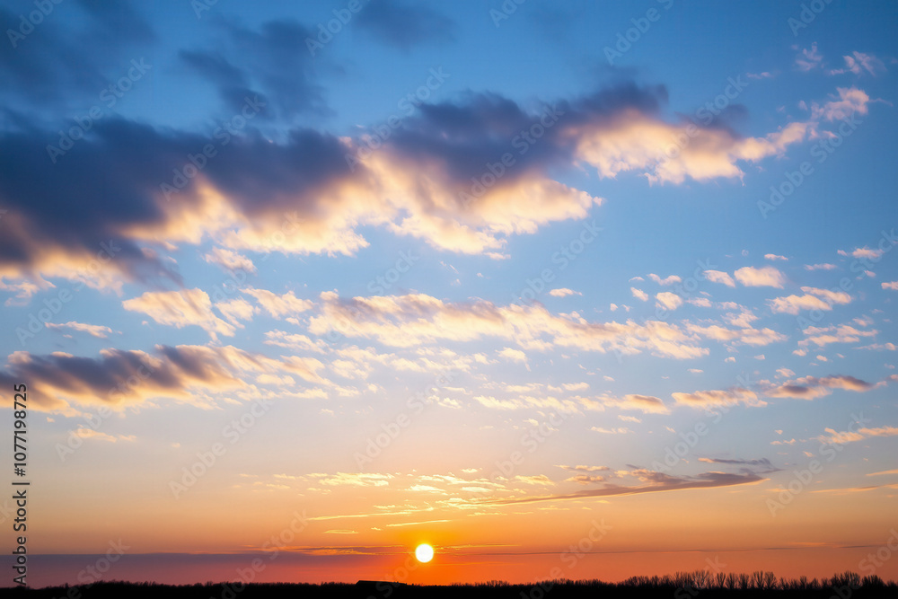 Sunset sky background. Blue sky with golden light and clouds with soft ...