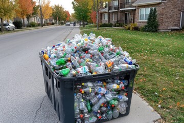 Poster - A black trash can filled with empty plastic bottles, useful for environmental and pollution related content