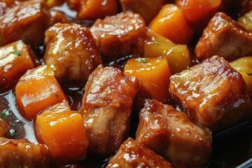 Poster - Close-up shot of a plate filled with meat, vegetables, and other ingredients