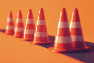 Poster - Orange and white traffic cones on a road construction site, directing traffic flow