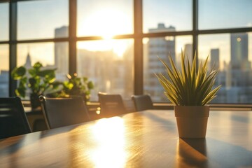 Poster - A simple and cozy scene featuring a wooden table with a potted plant sitting on top