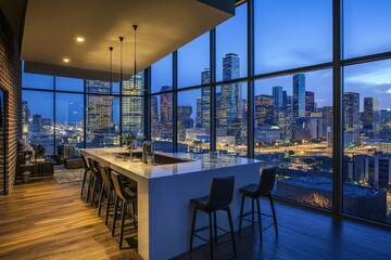 Poster - Kitchen window with city skyline view at night