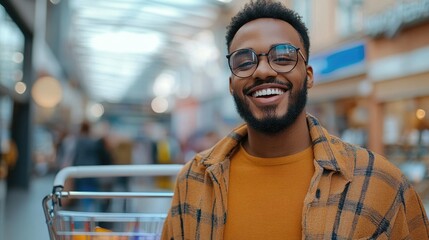 Fototapete - A person wearing glasses holds a shopping cart in this image