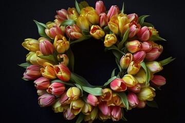 Poster - A beautiful arrangement of tulips in yellow and red hues on a dark background, perfect for adding some color to any space