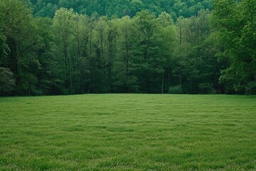 Poster - A serene landscape featuring a vast field of green grass with tall trees in the background, perfect for use as a nature-inspired background or illustration