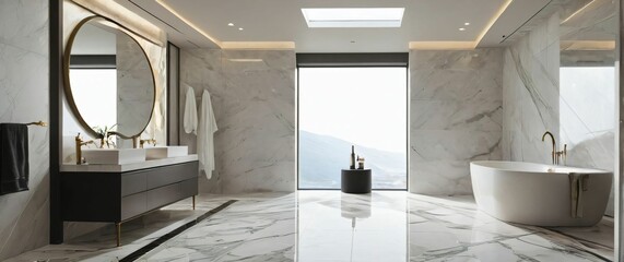 Luxury bathroom with floortoceiling marble tiles and a skylight