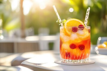 Poster - A glass of liquid with ice and garnish on a table, suitable for editorial use