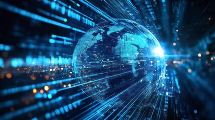 Fototapete - A digital globe surrounded by data streams representing the interconnectedness of the world.