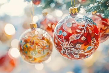 Aufkleber - A detailed view of a Christmas ornament hanging from a tree branch