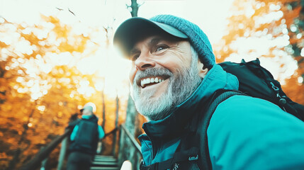 Wall Mural - Smiling man with a beard wearing a blue jacket on a hike in the woods.