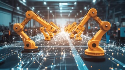 Aufkleber - A line of yellow robotic arms in an industrial factory setting with a network of glowing lines connecting them.