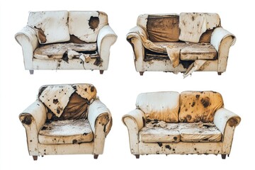 Poster - Four images of a worn-out couch with visible stains and tears