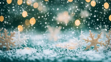 Fototapete - Golden snowflakes with white borders are resting on a snow-covered surface. There are blurred lights of various sizes behind the snowflakes.