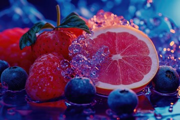 Poster - Fresh fruit arrangement featuring grapefruit and blueberries, perfect for food photography or marketing materials