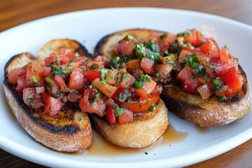 Poster - A plate filled with toasted bread and fresh tomatoes