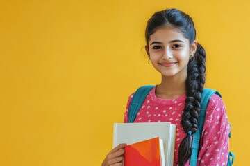 Aufkleber - A young girl holding a book and a backpack, perfect for education or travel themes