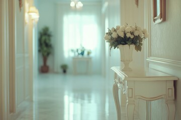 Poster - A decorative vase with fresh flowers sits on a table in a hallway