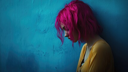 Poster - A young woman leans against a bright blue wall, her vibrant pink hair standing out in this urban setting