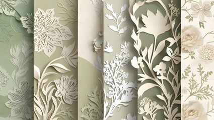 Poster - Elegant and traditional layered floral paper cut silhouette patterns with intricate botanical designs and textures