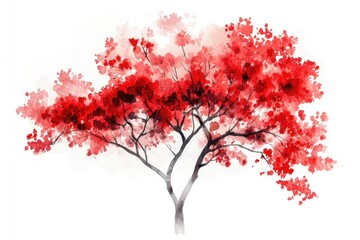 Aufkleber - Watercolor painting of a tree with vibrant red foliage, perfect for autumn or fall-themed designs