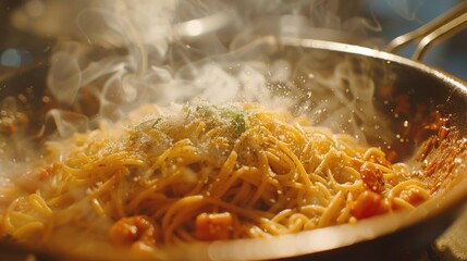 Poster - A close-up shot of pasta and vegetables cooked in a frying pan