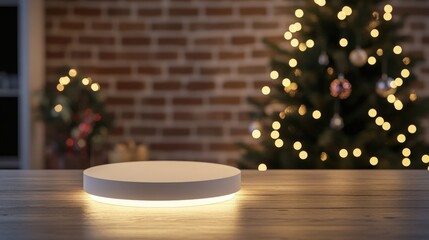Poster - A white, round platform with a glowing light sits on a wooden table. The background is blurred with a Christmas tree decorated with lights and ornaments.
