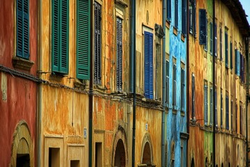 Poster - Row of colorful buildings with blue shutters, perfect for travel or architecture images