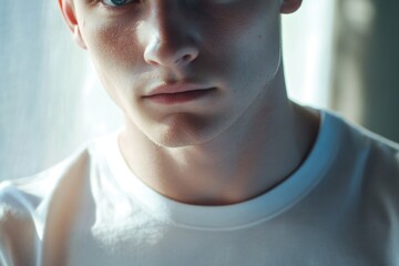 Poster - Close-up shot of a person in a white shirt, focus on the clothing and facial features