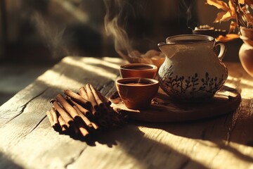 Poster - A simple setup for enjoying a warm beverage, featuring a wooden table, tea pot, and two cups