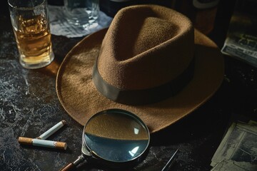 Poster - A magnifying glass and a hat sit on a table, possibly used for scientific or detective work