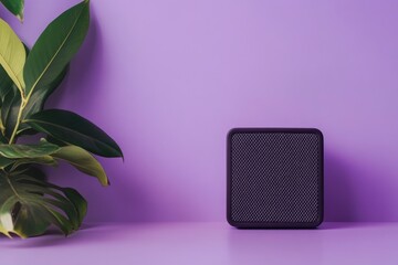 Poster - A black speaker sits next to a plant on a purple surface, ideal for tech-related or minimalist-themed projects