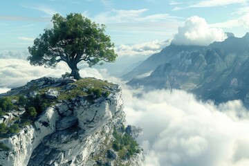 Poster - A solitary tree perched at the summit of a mountain