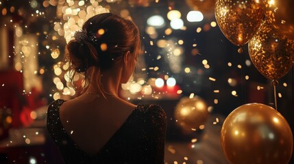 Poster - A woman wearing an elegant black dress gazes at shimmering lights and golden balloons while enjoying a festive celebration, creating a magical and cheerful atmosphere in the evening.