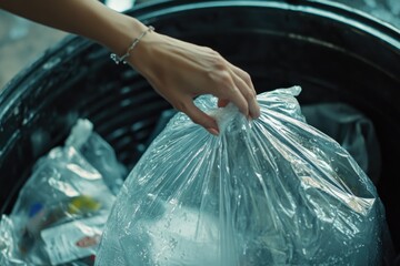 Poster - A person standing by a trash can holding a plastic bag, ready for disposal