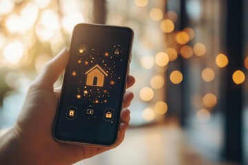 Poster - Discover the remarkable convenience of effortlessly managing essential home systems, such as lighting, security, and more, using a userfriendly smartphone app in a futuristic hightech environment
