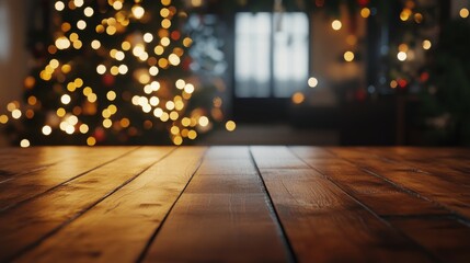 Poster - A rustic wooden table creates a cozy ambiance as soft bokeh lights from a beautifully decorated Christmas tree twinkle in the background. The scene evokes a festive and inviting atmosphere.