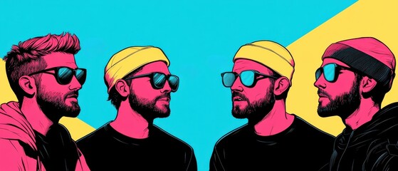 Aufkleber - A vibrant, pop-art style illustration featuring four bearded men wearing sunglasses and colorful hats against a bright, geometric background.