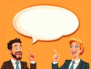 Aufkleber - Two cheerful people pointing up with a speech bubble against an orange background, suggesting conversation or ideas.