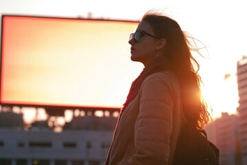 Poster - A woman stands in front of a large screen with a thoughtful expression