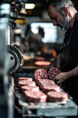 Poster - A worker preparing hamburgers on an assembly line in a factory
