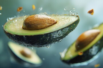 Poster - A ripe avocado falls from above into a calm body of water