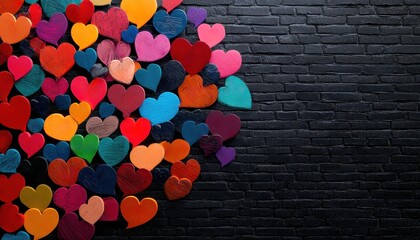 Poster - A vibrant display of colorful heart shapes on a textured black brick background, symbolizing love and creativity.