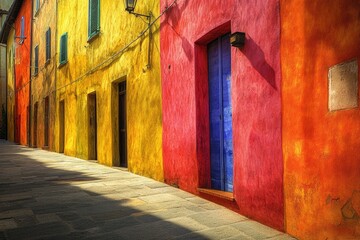 Aufkleber - A row of colorful buildings with a blue door